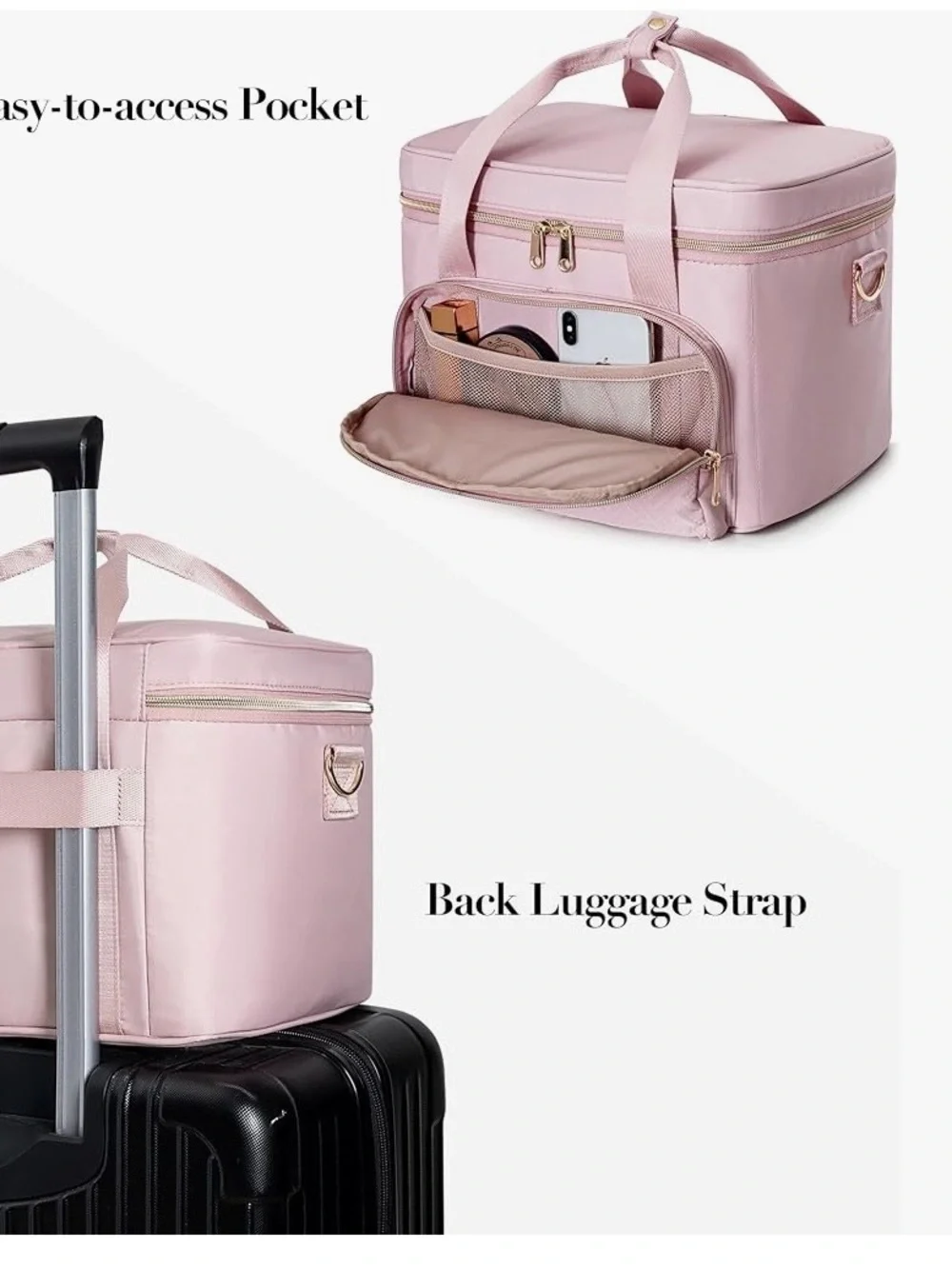 Large Makeup Bag, Cosmetic Case, Travel Makeup Organizer, Shoulder Strap, Pink